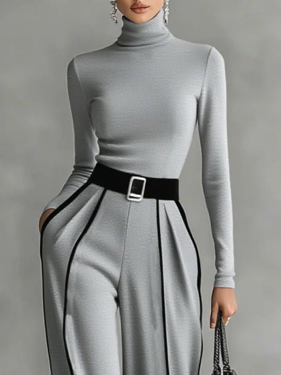 High-Neck Long-Sleeve Top & Wide-Leg Pants Set with Belt