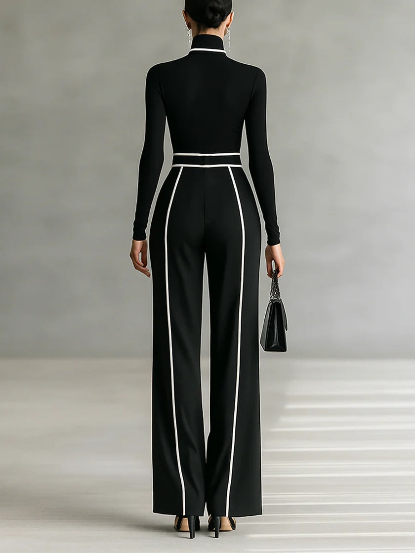 High-Neck Long-Sleeve Top & Wide-Leg Pants Set with Belt