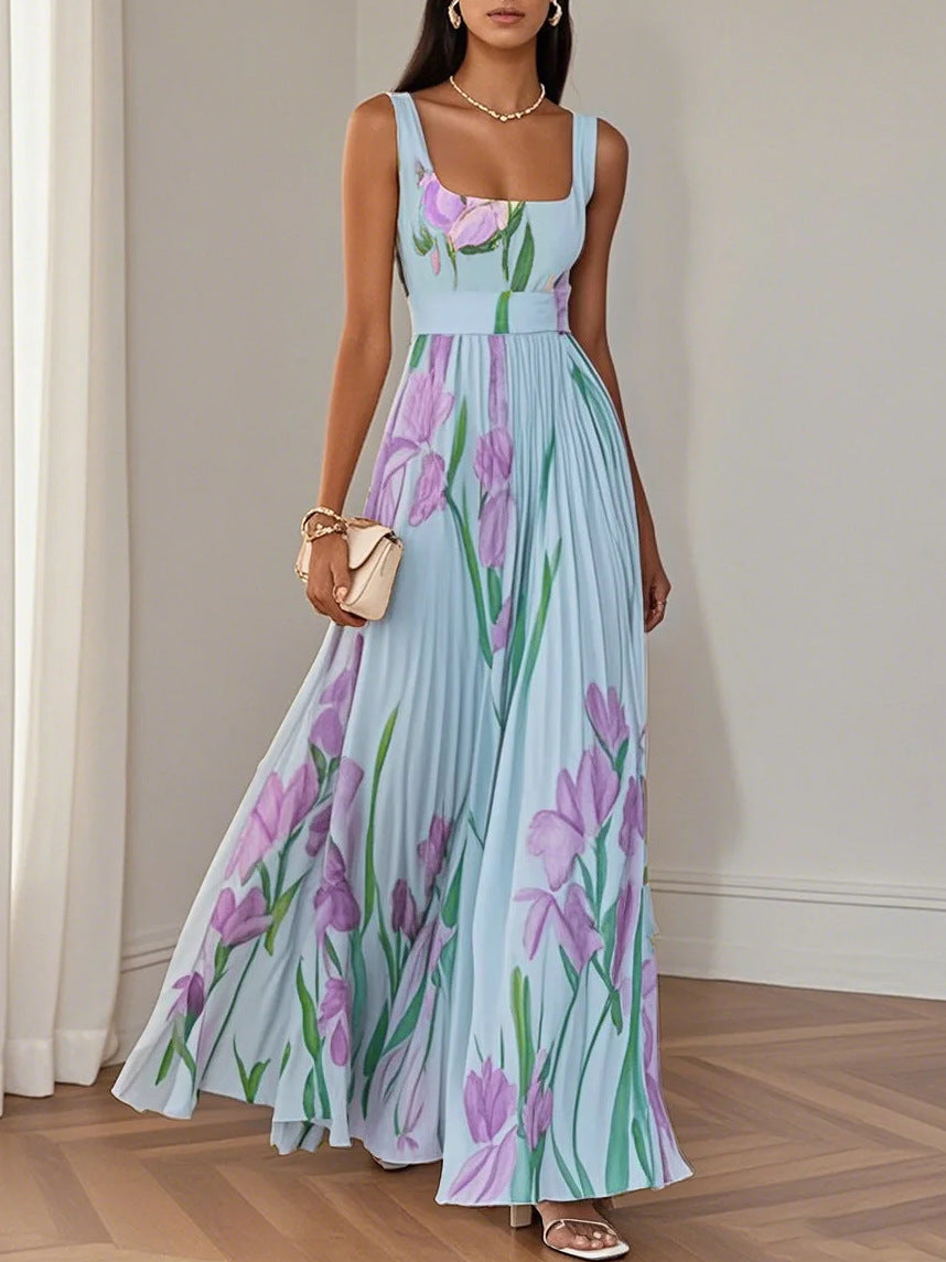 Square-neck sleeveless A-line long dress