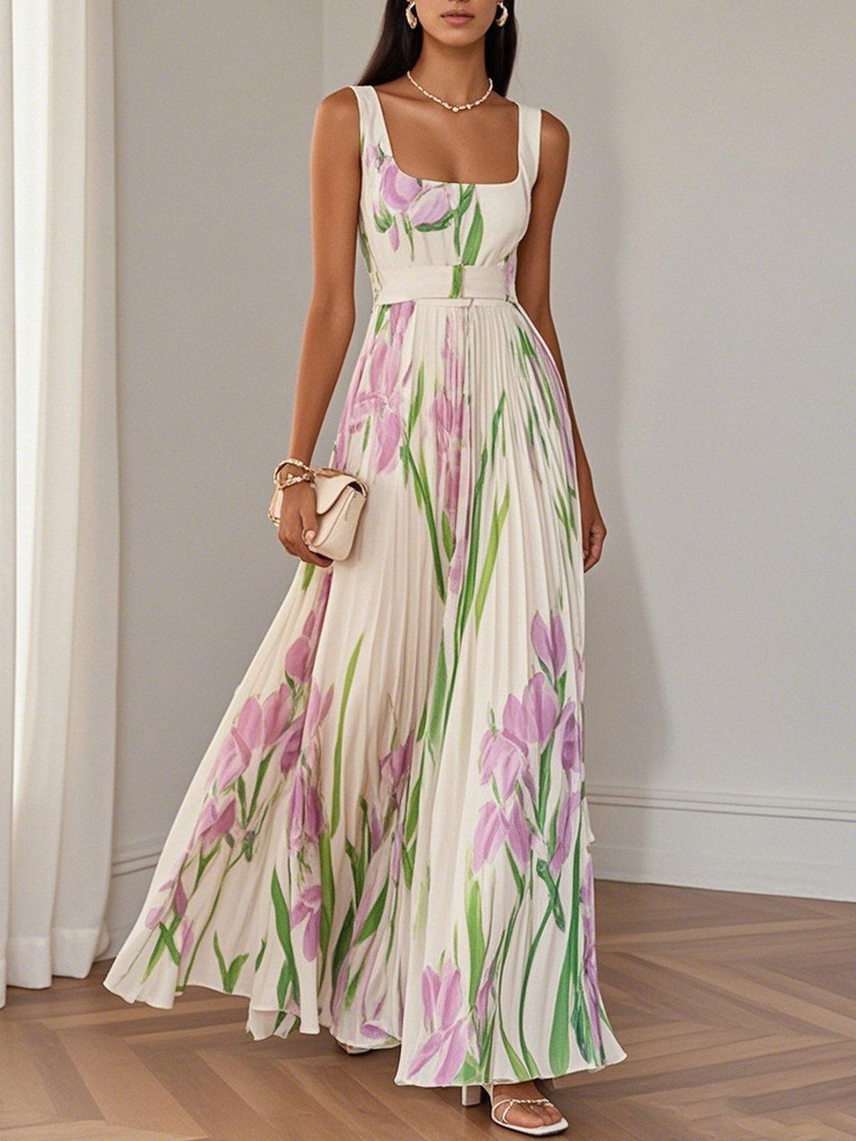Square-neck sleeveless A-line long dress