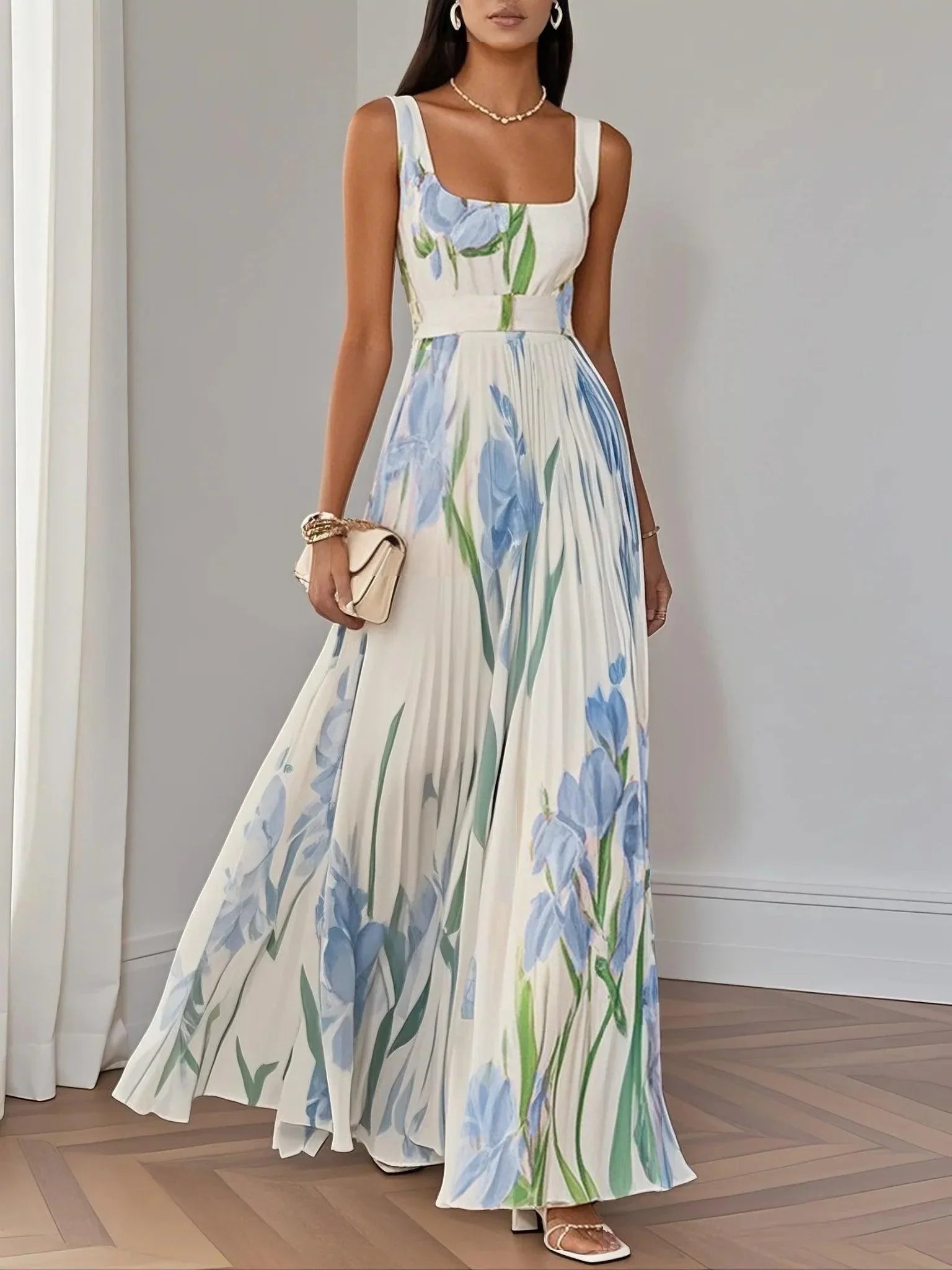 Square-neck sleeveless A-line long dress