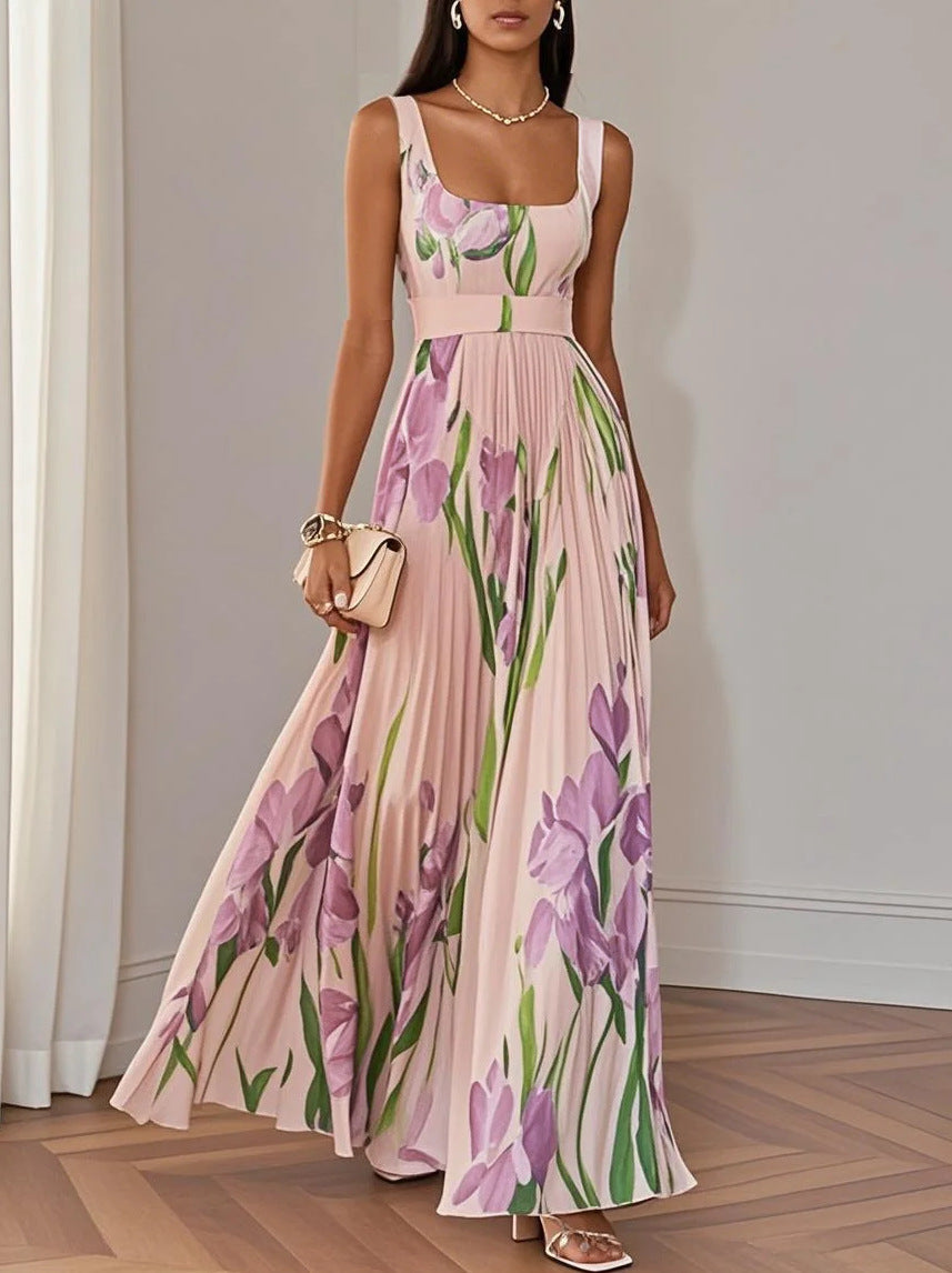 Square-neck sleeveless A-line long dress