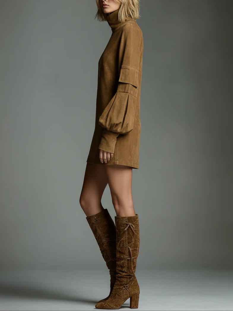 Retro Suede Turtleneck Mini Dress