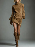 Retro Suede Turtleneck Mini Dress