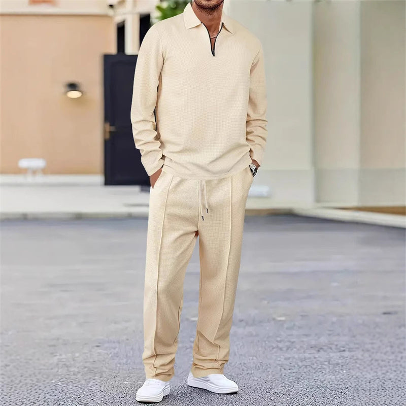 Men's waffle knit set: sweatshirt & straight leg trousers